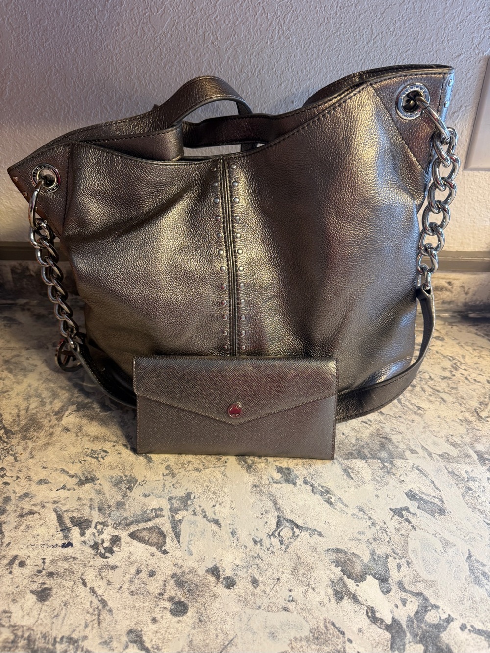 Michael Kors Metallic Gunmetal Shoulder Tote with Wallet